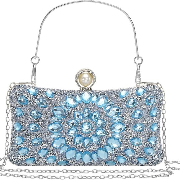 Evening Bag Women Sparkly Rhinestone Clutch Purse Light Blue Versatile - Picture 1 of 6